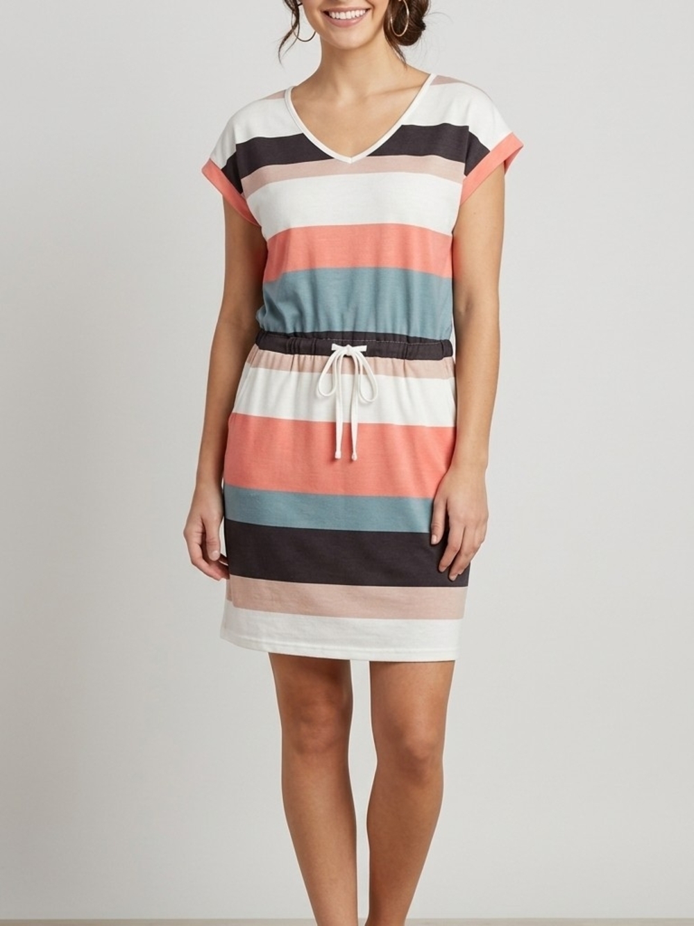 Striped V-Neck Drawstring Midi Dress in Coral, Teal & Cream